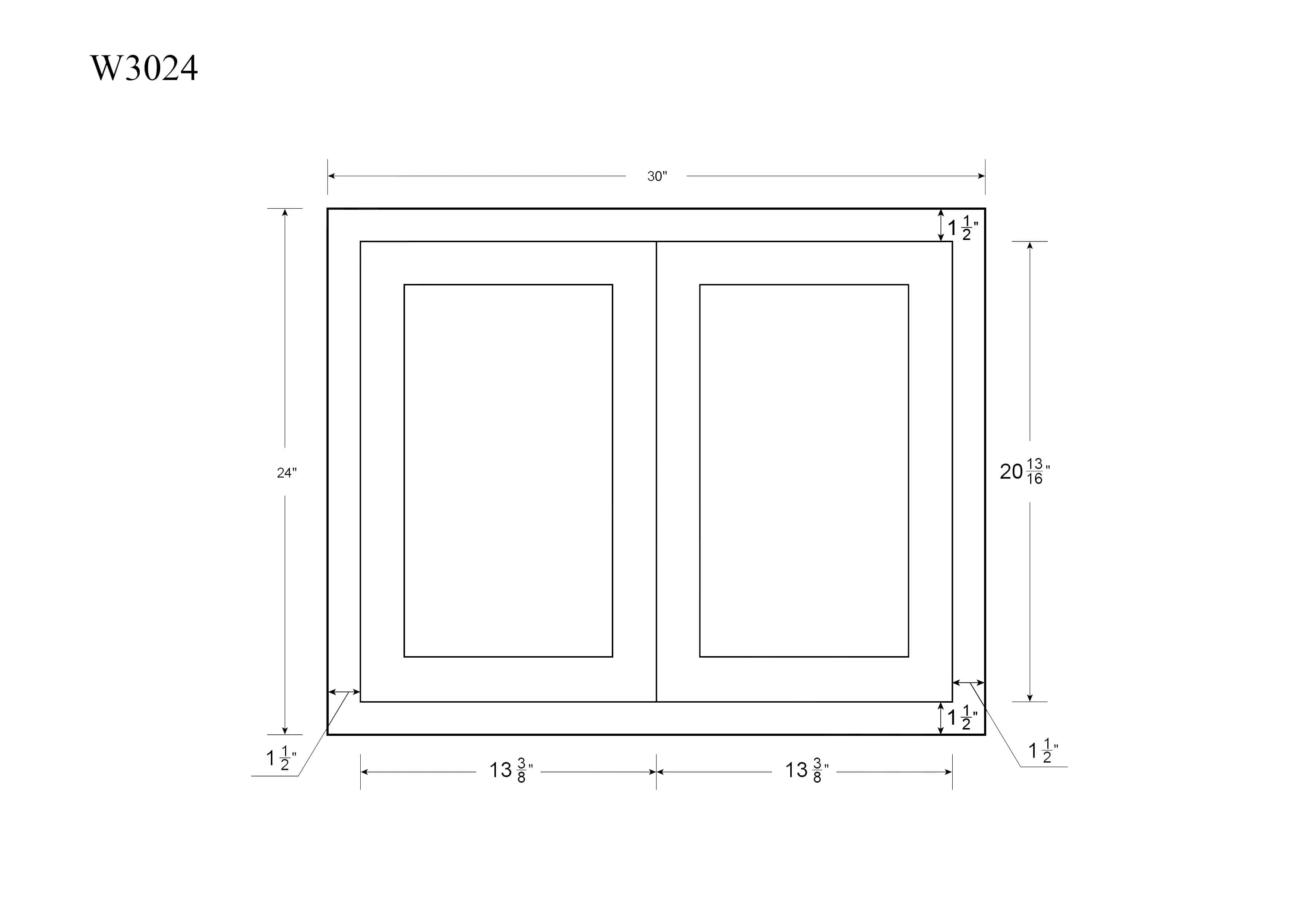 30" Wide Bridge Snow White Inset Shaker Wall Cabinet - Double Door 12", 15", 18", 21"& 24" Tall