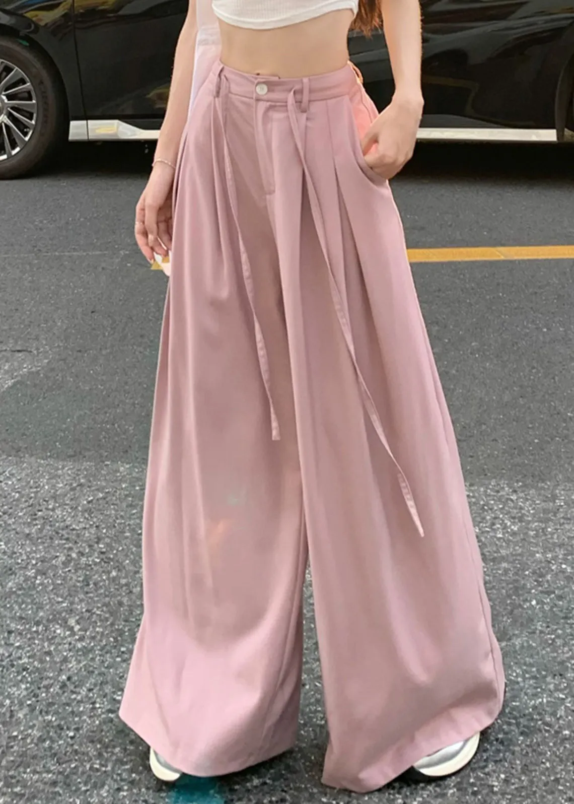 Art Pink Pockets High Waist Patchwork Spandex Wide Leg Pants Summer LY9107