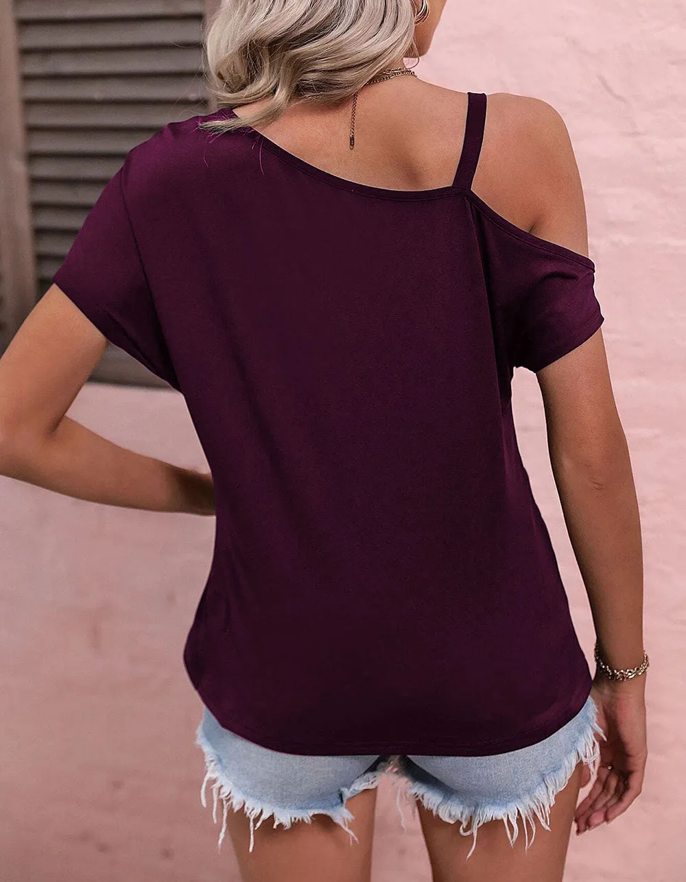 Asymmetrical Neck Solid Color Short Sleeve Shirt