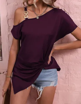 Asymmetrical Neck Solid Color Short Sleeve Shirt