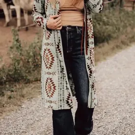 Aztec Print Open Front Long Cardigan