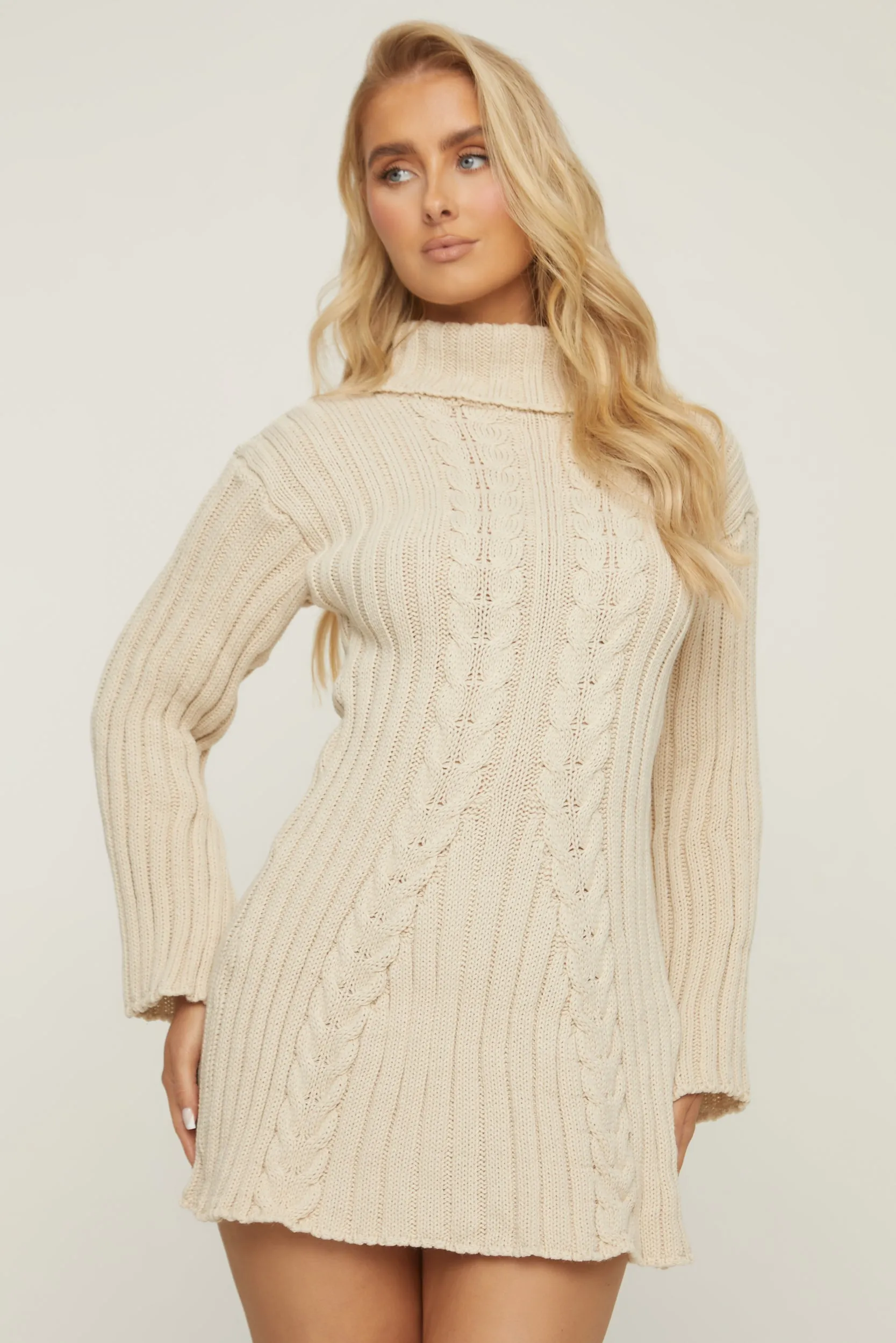 Beige Knitted Roll Neck Mini Jumper Dress - Daisy