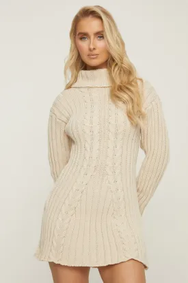 Beige Knitted Roll Neck Mini Jumper Dress - Daisy