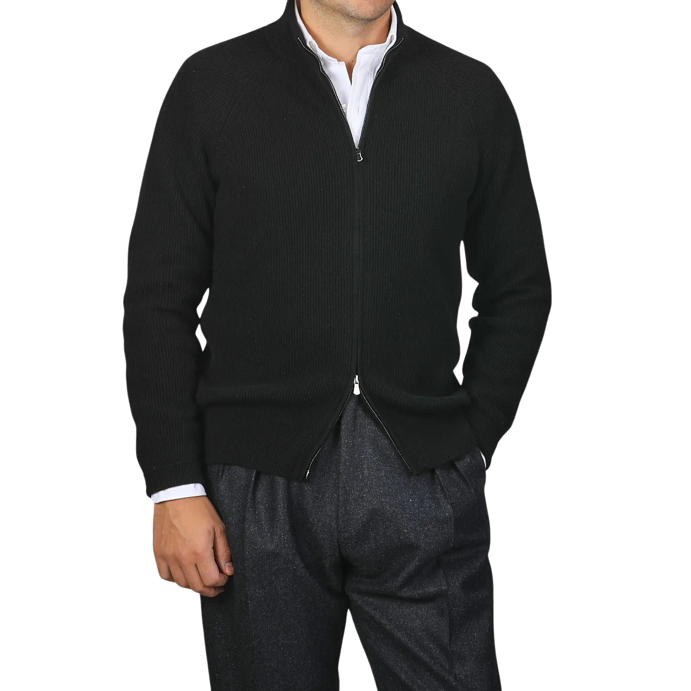 Black Cashmere Rib Knit Cardigan