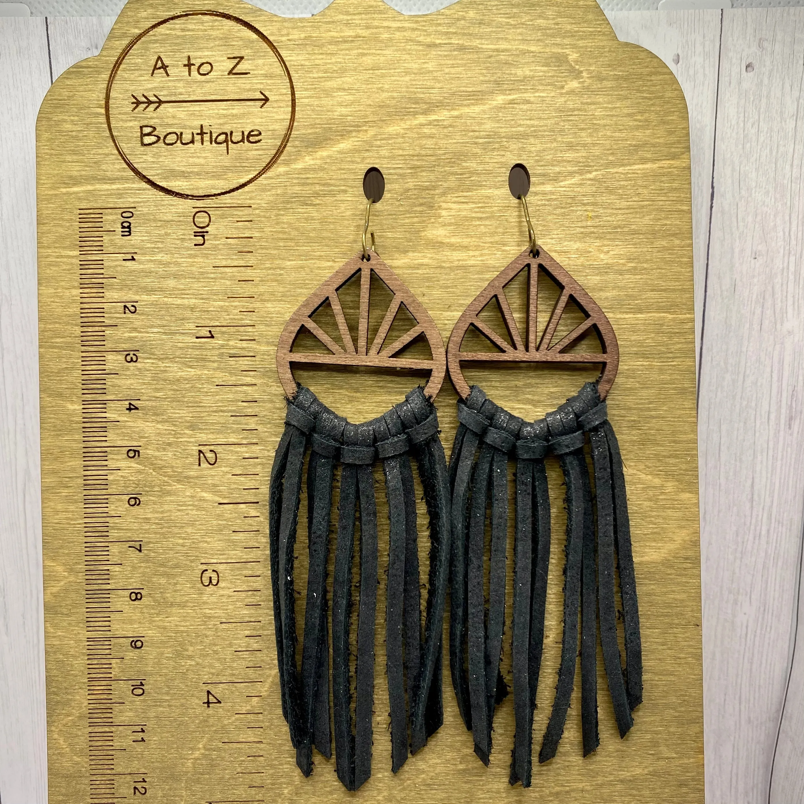 Black Leather Fringe Wood Hoop Earrings
