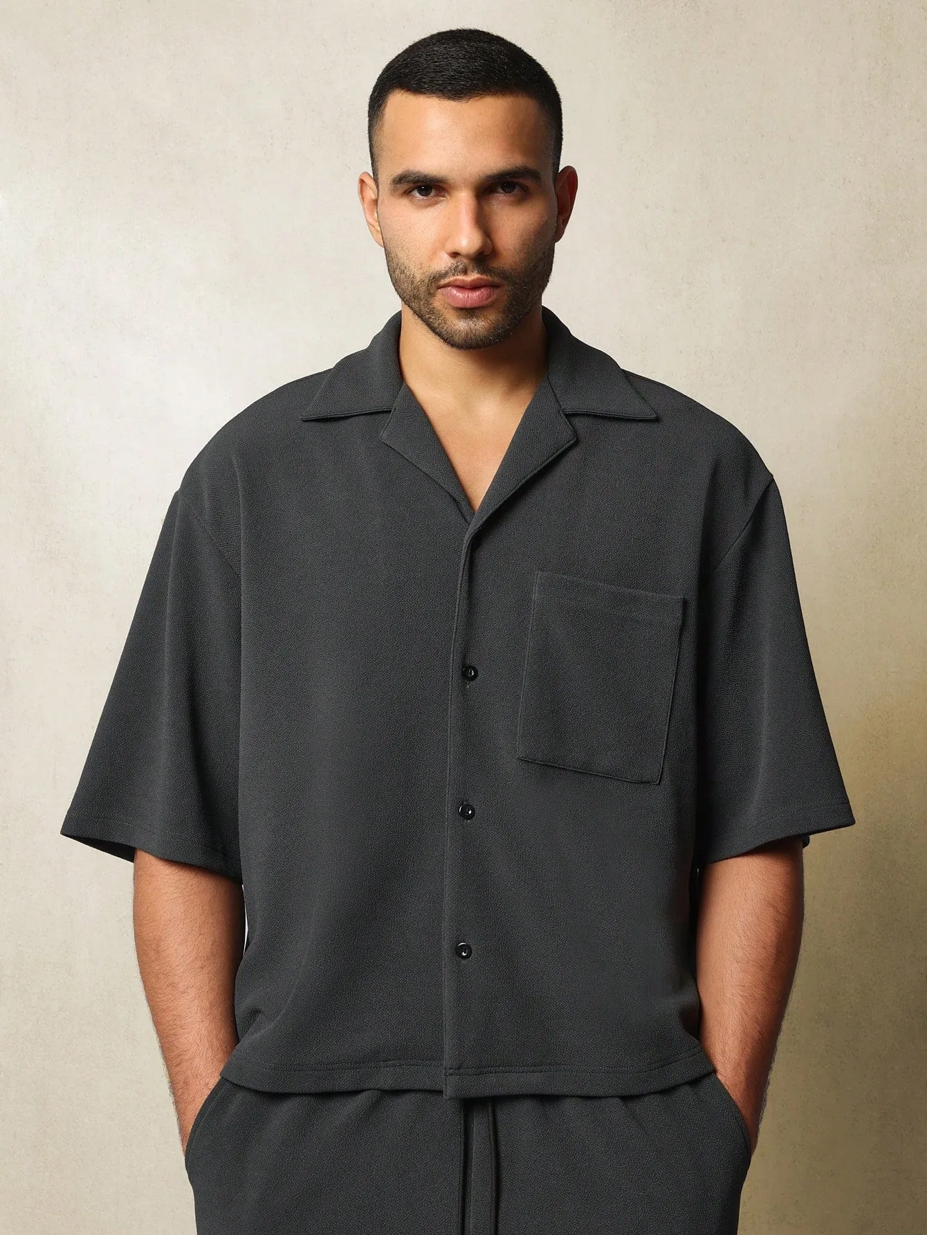 Boxy Textured Revere Jersey Shirt And Straight Fit Pant 2 Piece Set