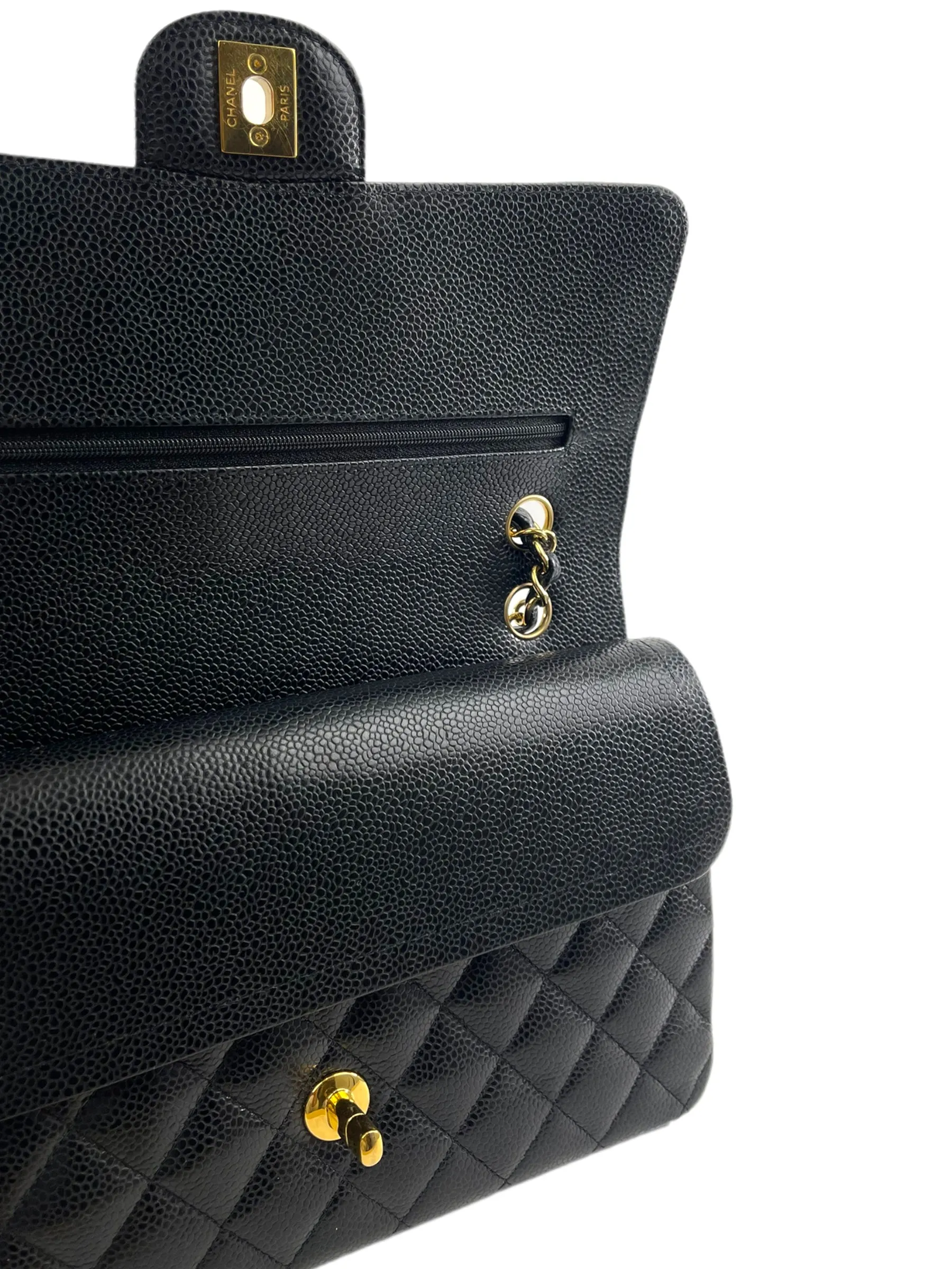 Chanel Black Caviar Leather Medium Double Flap Handbag (Gold Hardware)