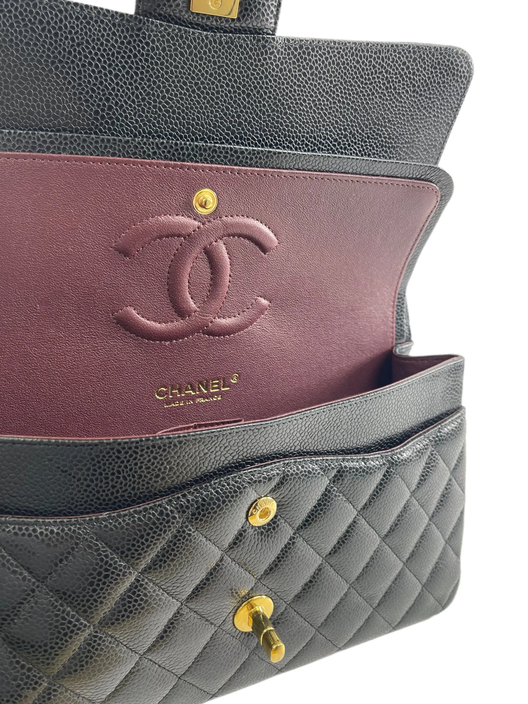 Chanel Black Caviar Leather Medium Double Flap Handbag (Gold Hardware)