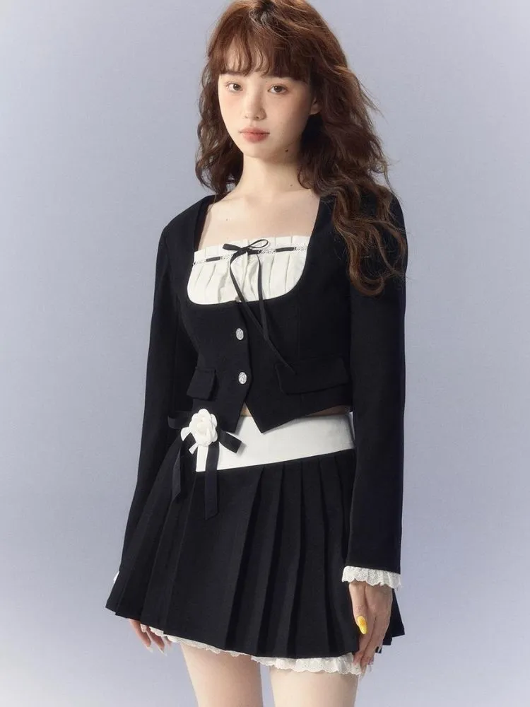 Contrasting color pleated skirt suit【s0000003351】