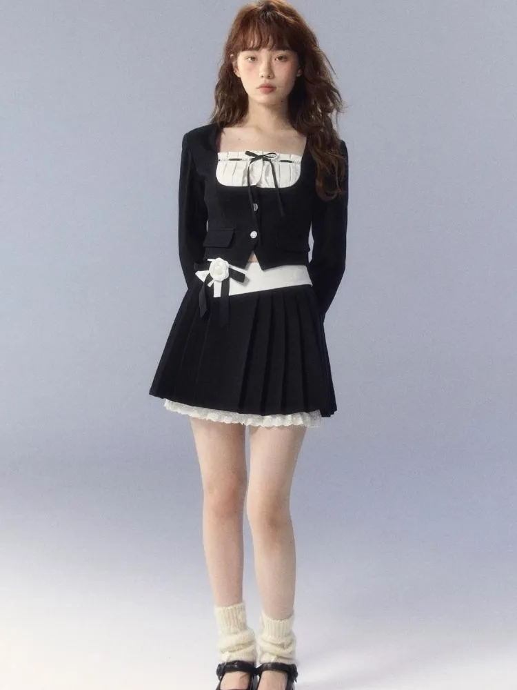 Contrasting color pleated skirt suit【s0000003351】