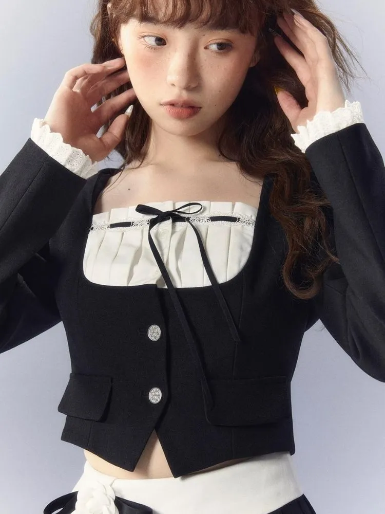 Contrasting color pleated skirt suit【s0000003351】