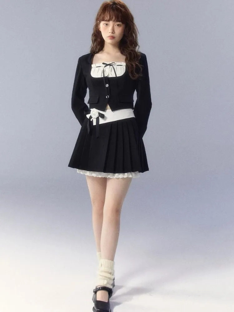 Contrasting color pleated skirt suit【s0000003351】