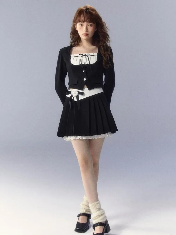 Contrasting color pleated skirt suit【s0000003351】
