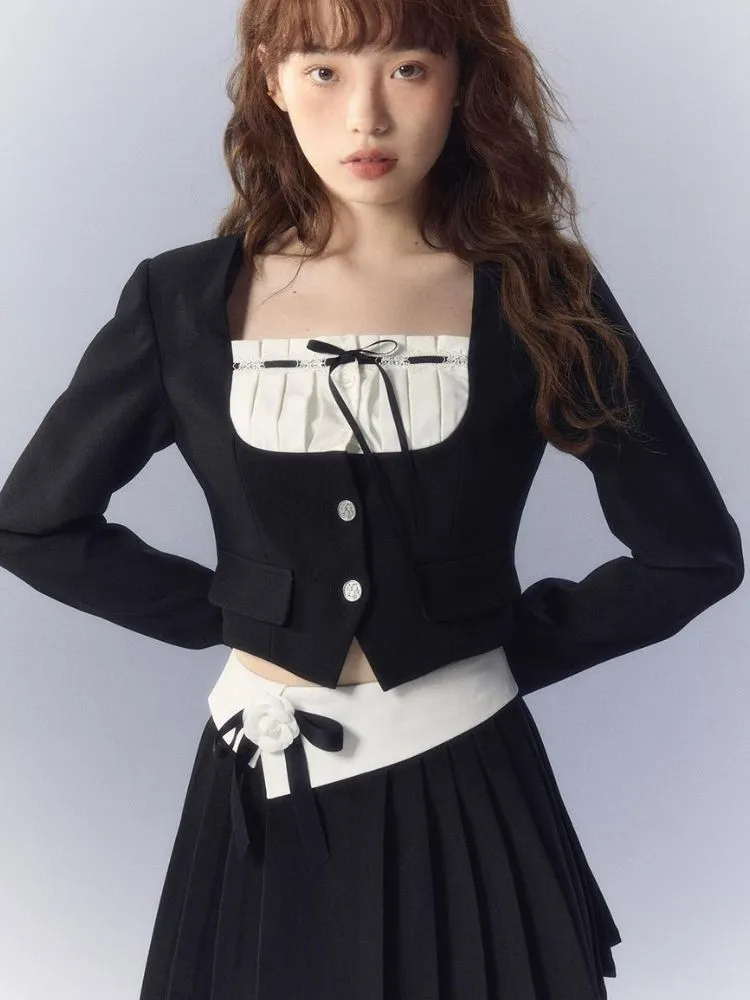 Contrasting color pleated skirt suit【s0000003351】