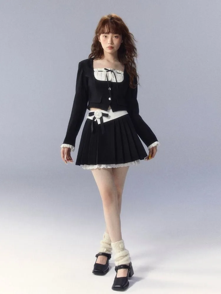 Contrasting color pleated skirt suit【s0000003351】