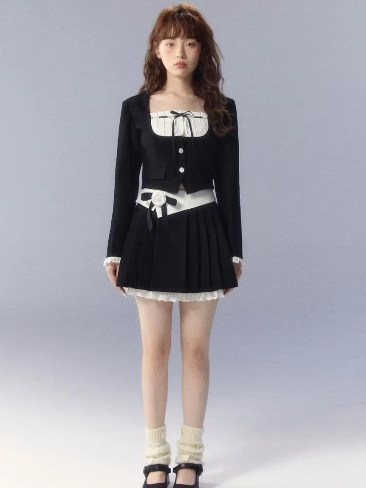 Contrasting color pleated skirt suit【s0000003351】