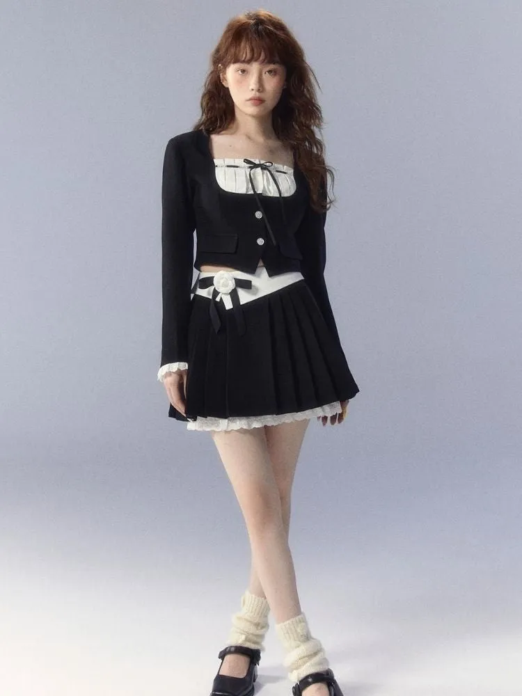 Contrasting color pleated skirt suit【s0000003351】