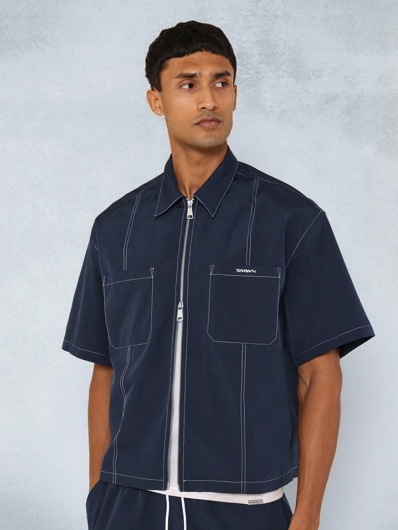 Crop Nylon Zip Through Contrast Stitch Shirt And Straight Fit Pant 2 Piece Set