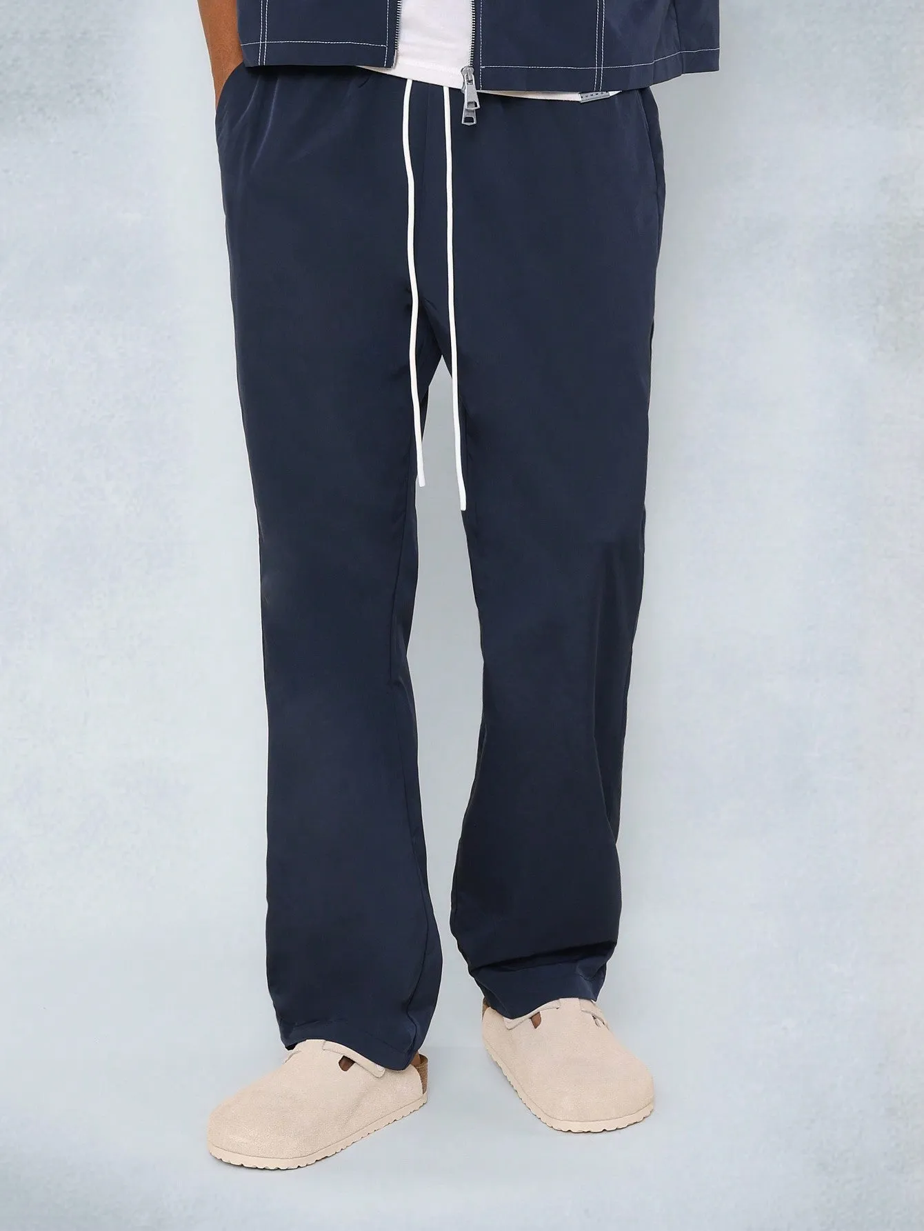 Crop Nylon Zip Through Contrast Stitch Shirt And Straight Fit Pant 2 Piece Set