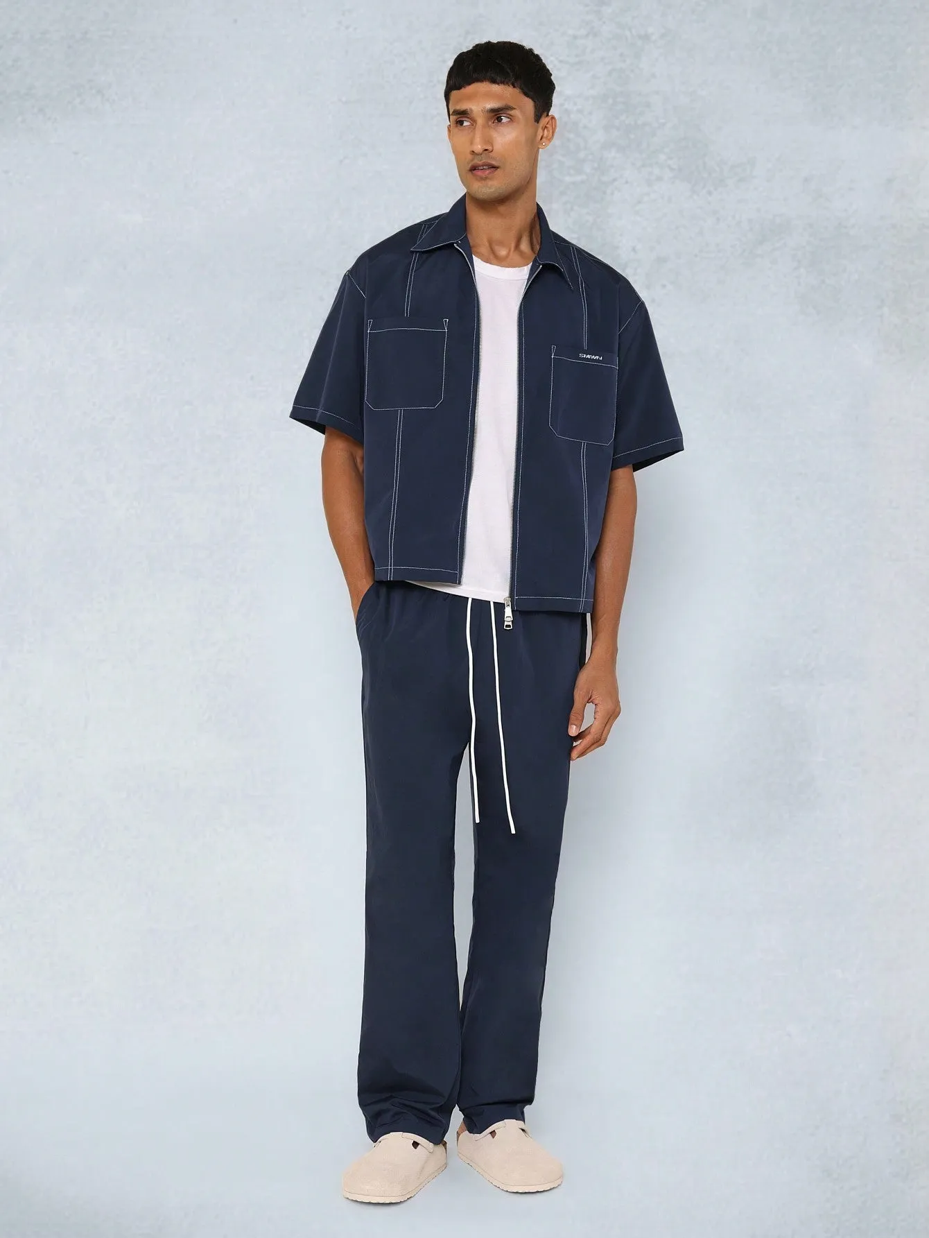 Crop Nylon Zip Through Contrast Stitch Shirt And Straight Fit Pant 2 Piece Set