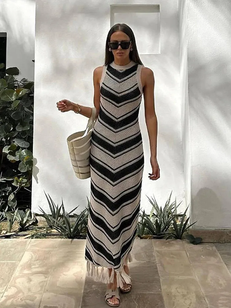 Flora - Knitted striped dress with tassels