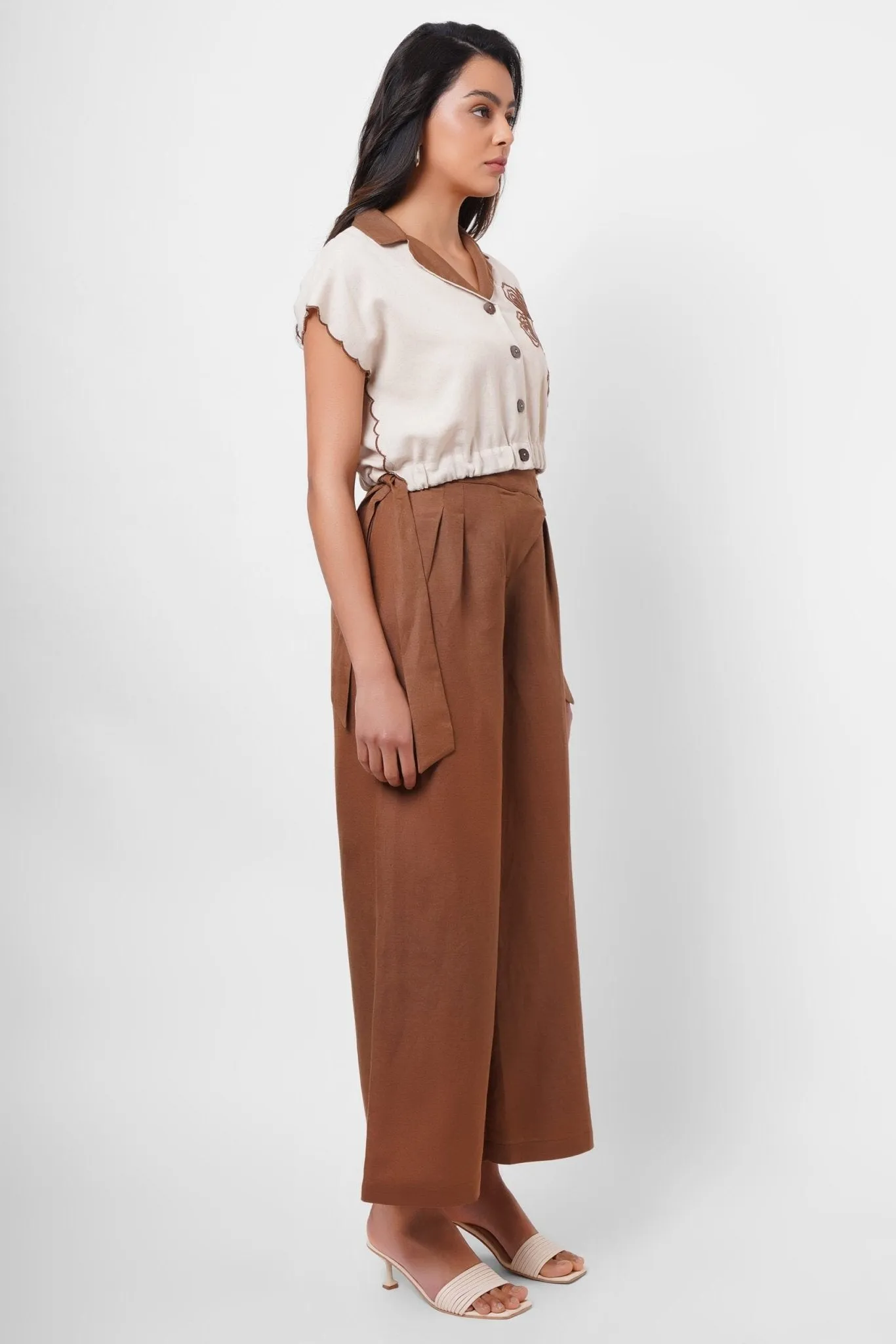 High-Waist Wide-Leg Cotton Trousers with Side Button Detail