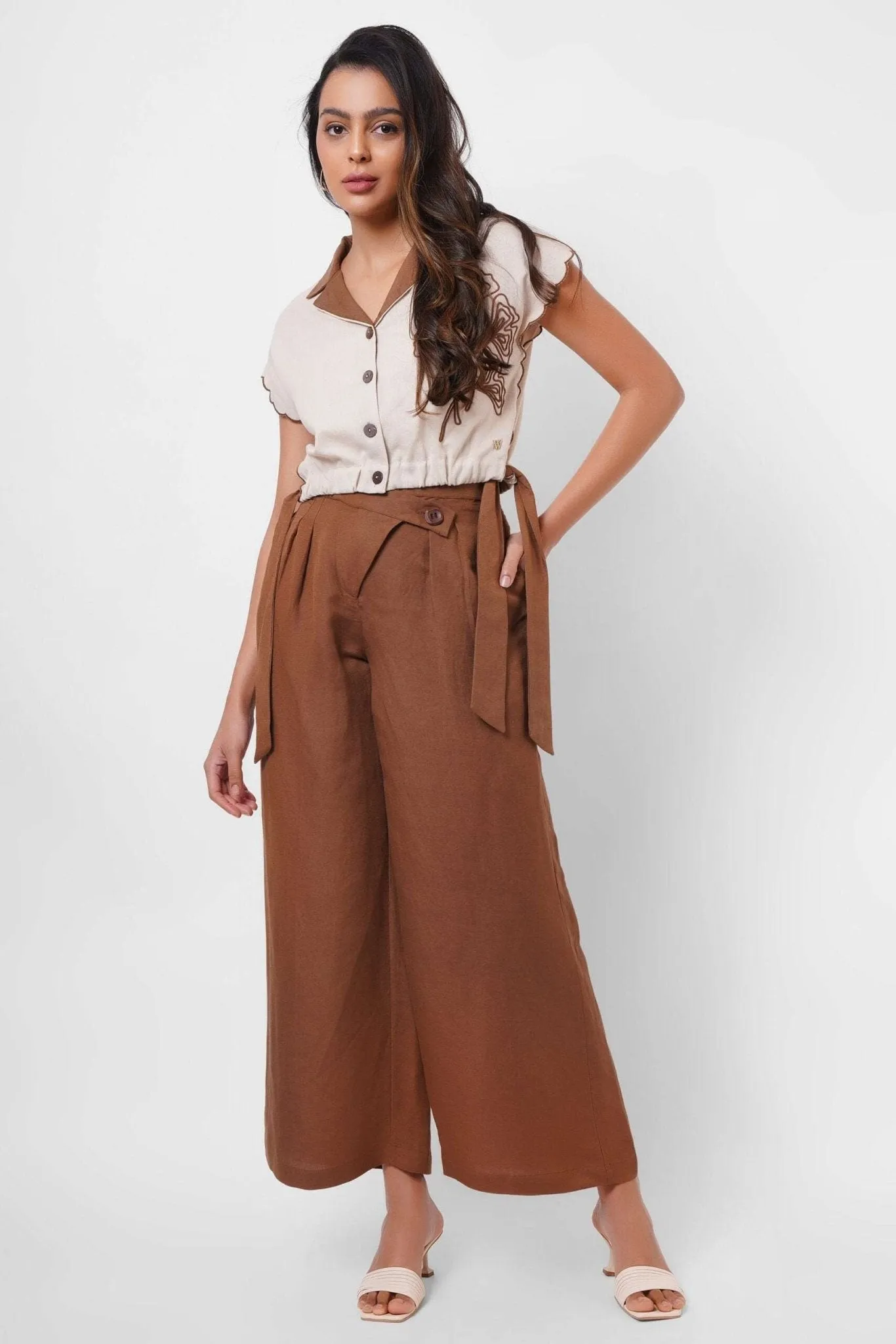 High-Waist Wide-Leg Cotton Trousers with Side Button Detail