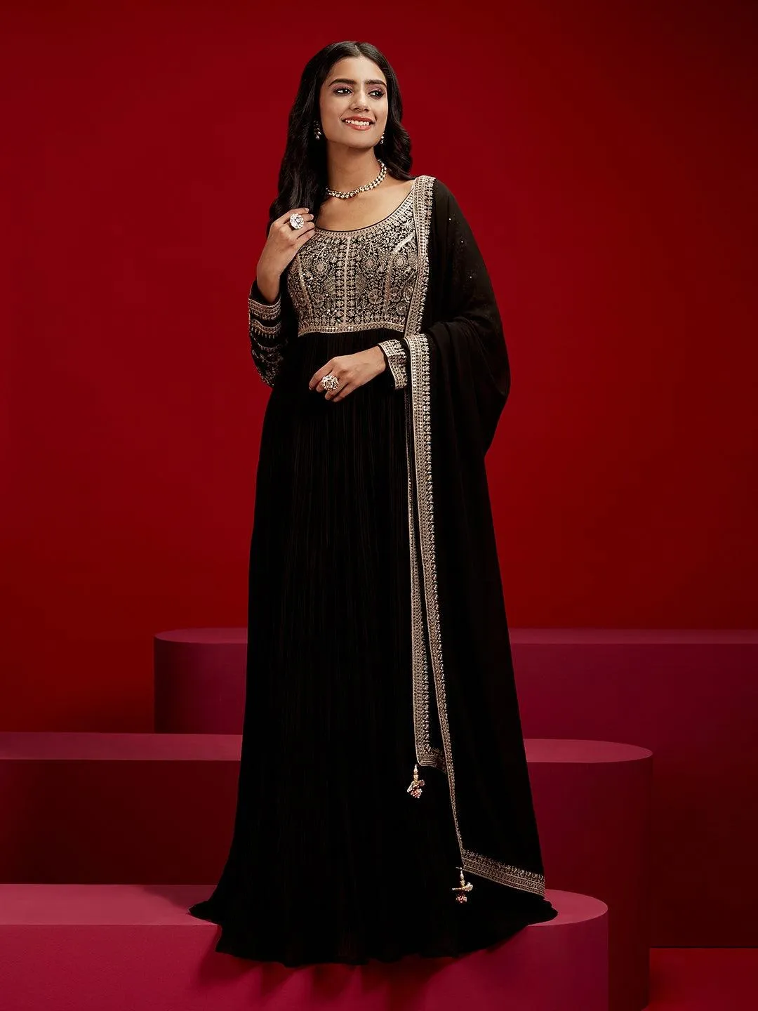 Libas Art Black Embroidered Georgette Anarkali Suit With Dupatta