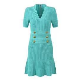 Luxury Metal Buckle V-neck Knitted Dress