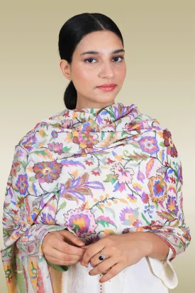 Maryam Ivory Floral Outlined Jamavar Pashmina Shawl