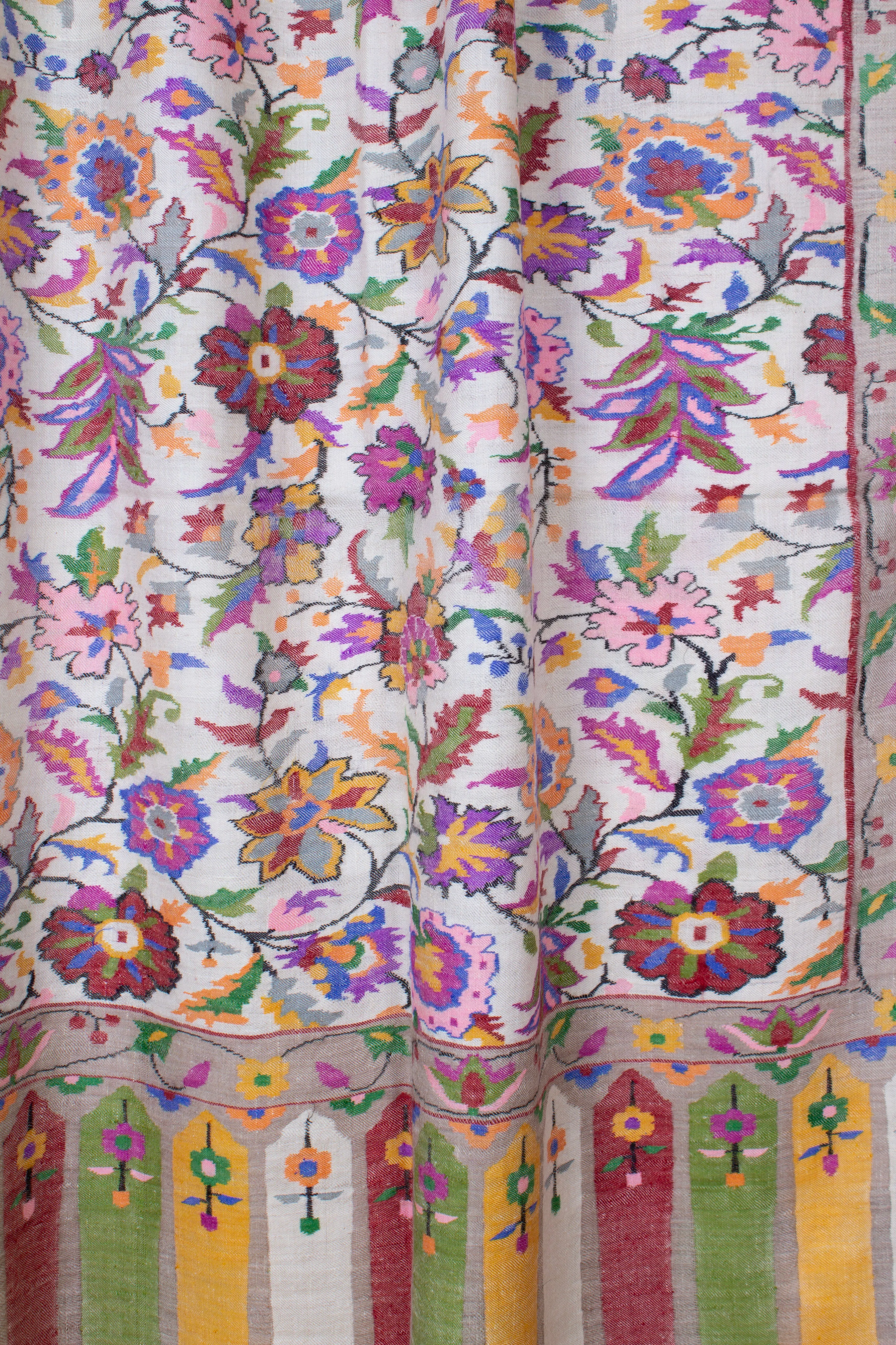 Maryam Ivory Floral Outlined Jamavar Pashmina Shawl