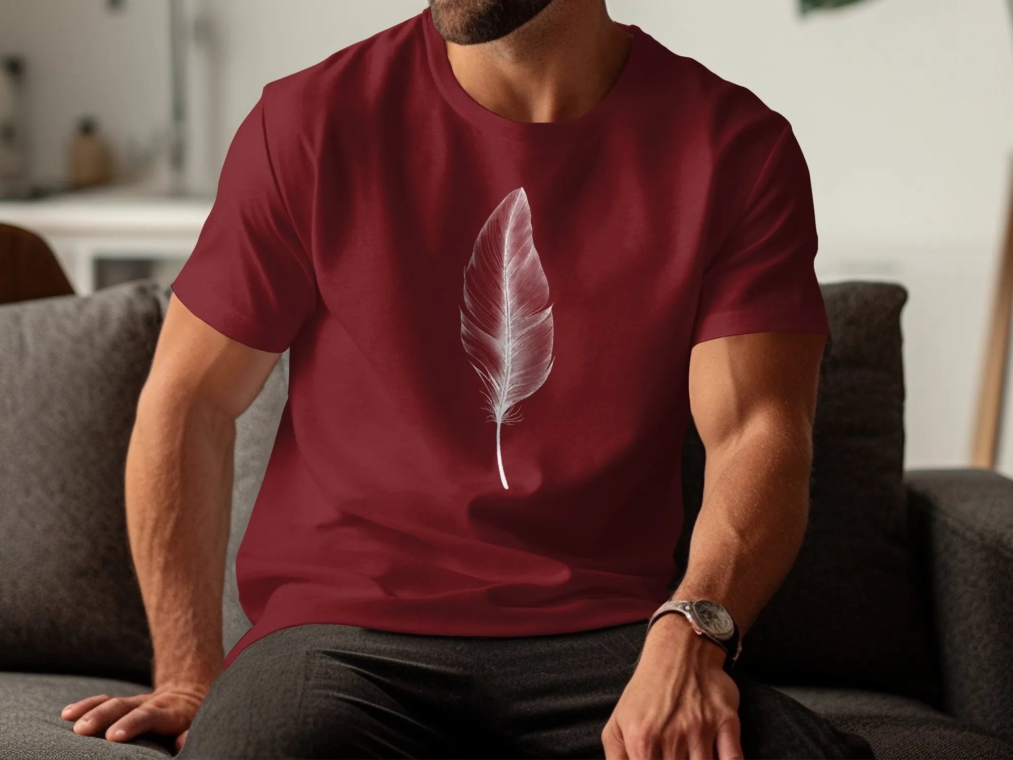 Minimalist Feather Line Art Nature Inspired Modern T-Shirt, Simple Feather Drawing Graphic Tee, Casual Nature Lover's Shirt