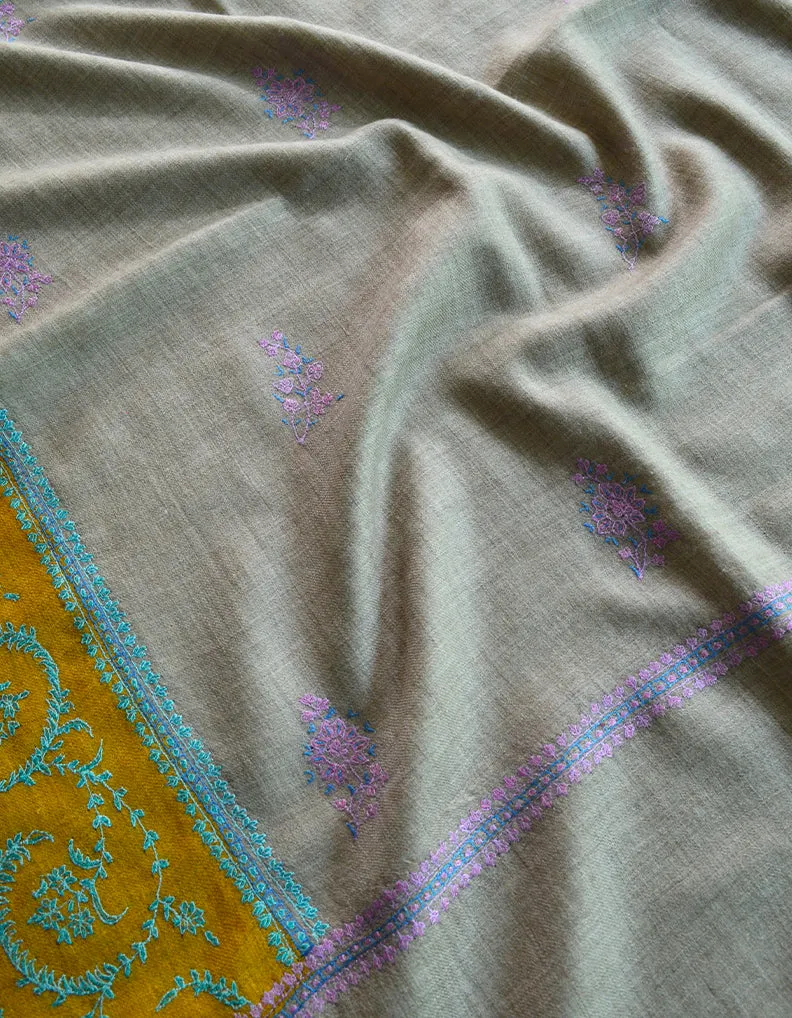Natural Cashmere Pashmina Shawl With Mustrad Border & Sozni Work 6438