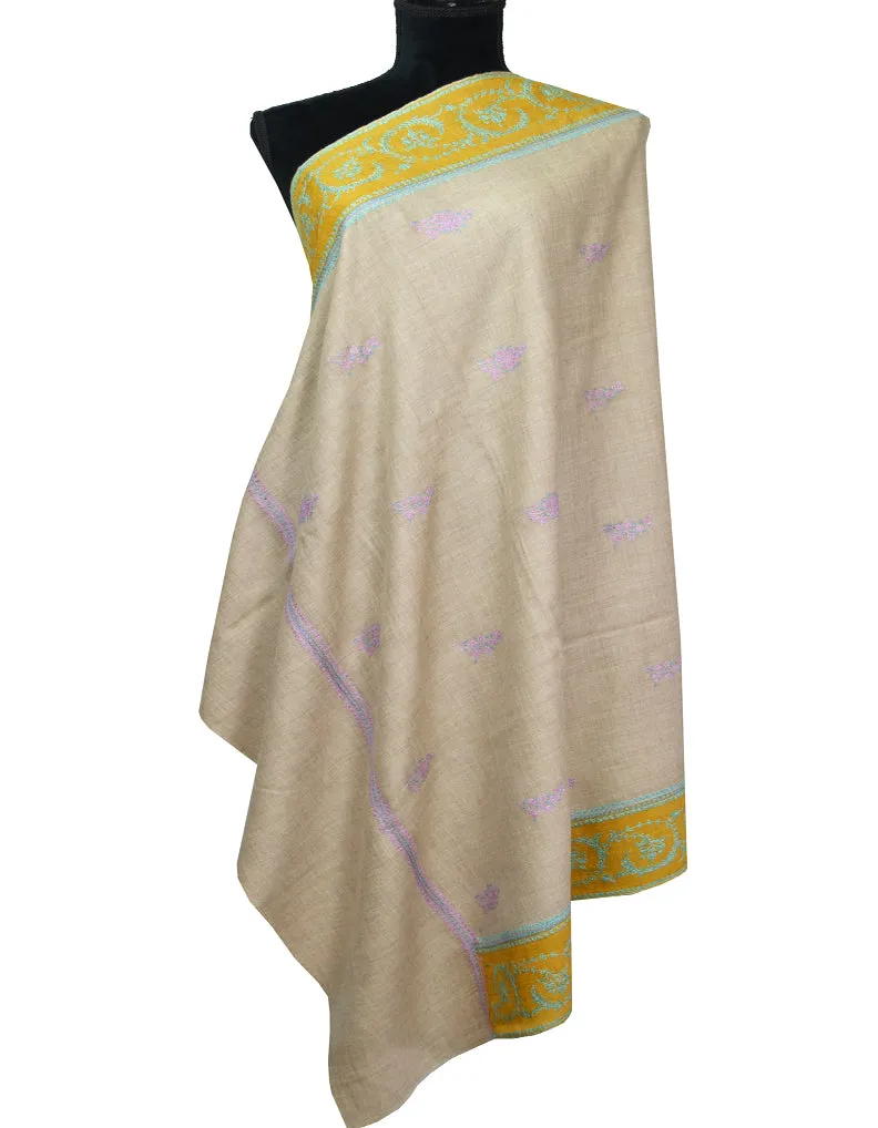 Natural Cashmere Pashmina Shawl With Mustrad Border & Sozni Work 6438