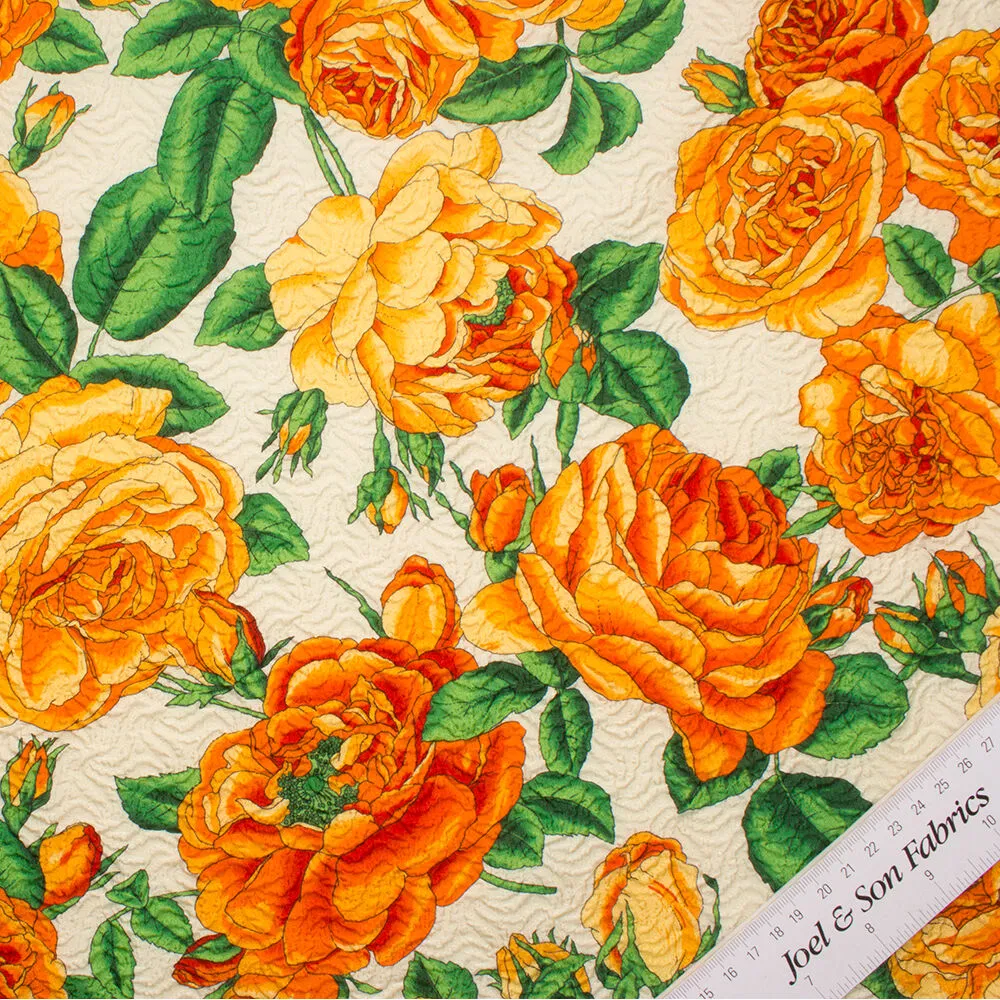 Orange & Green Floral Printed Cloqué