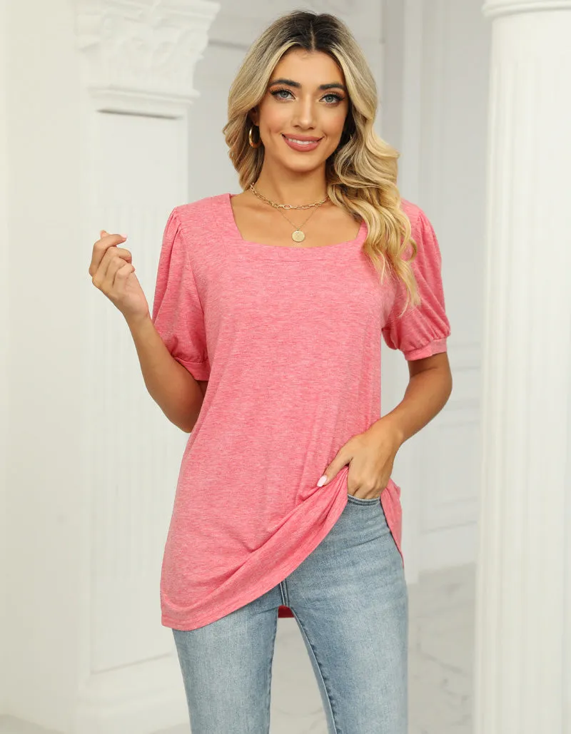 Plain Square Neck Puff Sleeve Pleated T-Shirt