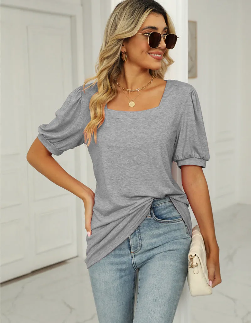 Plain Square Neck Puff Sleeve Pleated T-Shirt