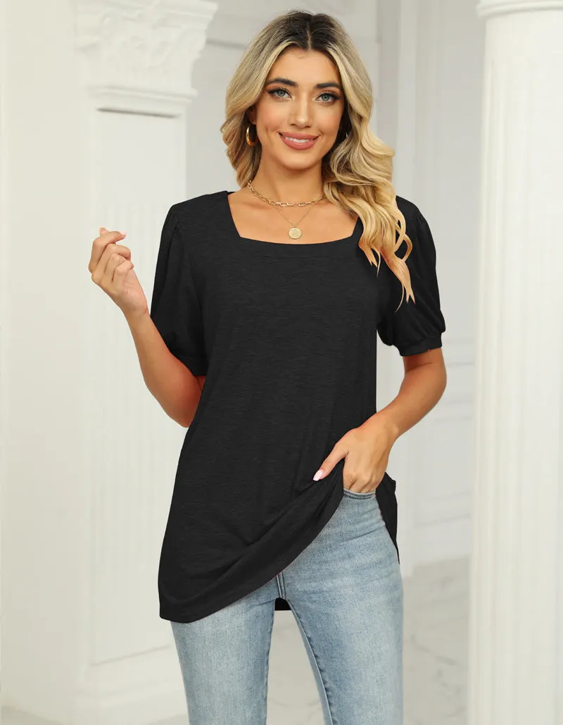 Plain Square Neck Puff Sleeve Pleated T-Shirt