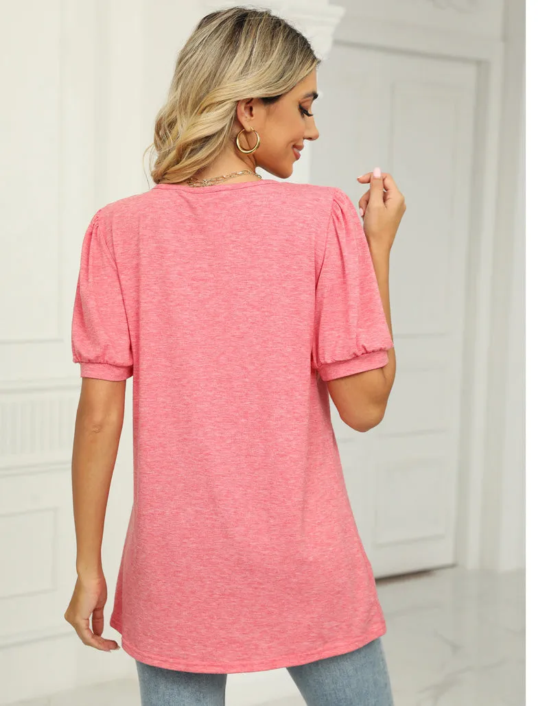 Plain Square Neck Puff Sleeve Pleated T-Shirt