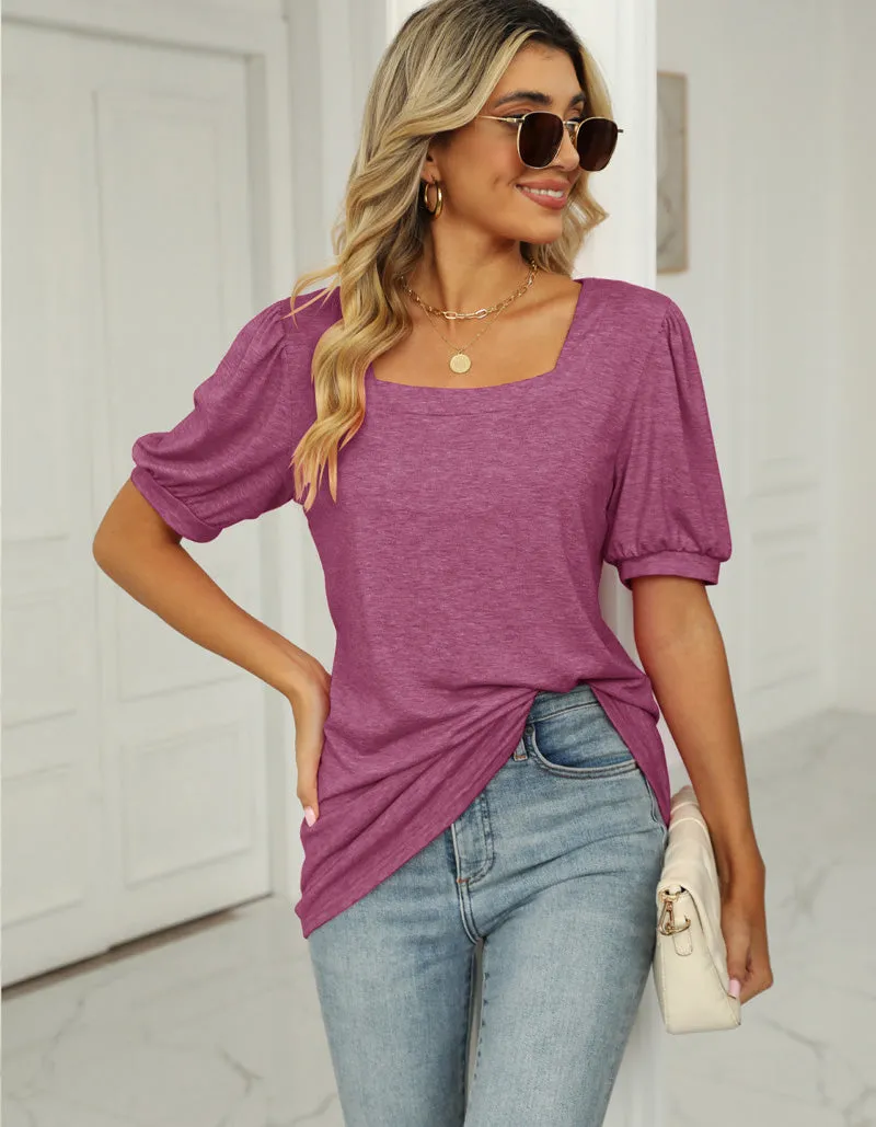 Plain Square Neck Puff Sleeve Pleated T-Shirt