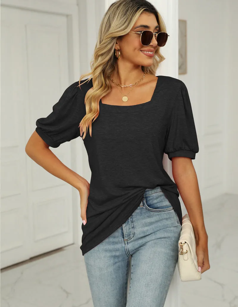 Plain Square Neck Puff Sleeve Pleated T-Shirt