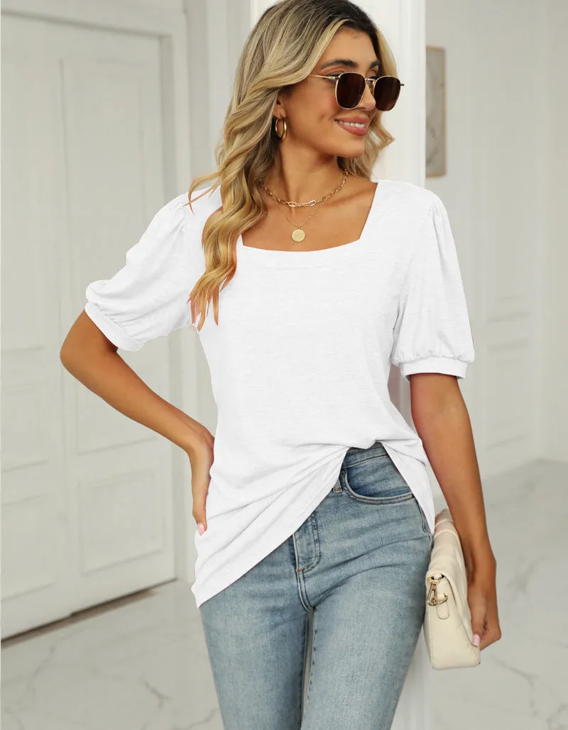 Plain Square Neck Puff Sleeve Pleated T-Shirt