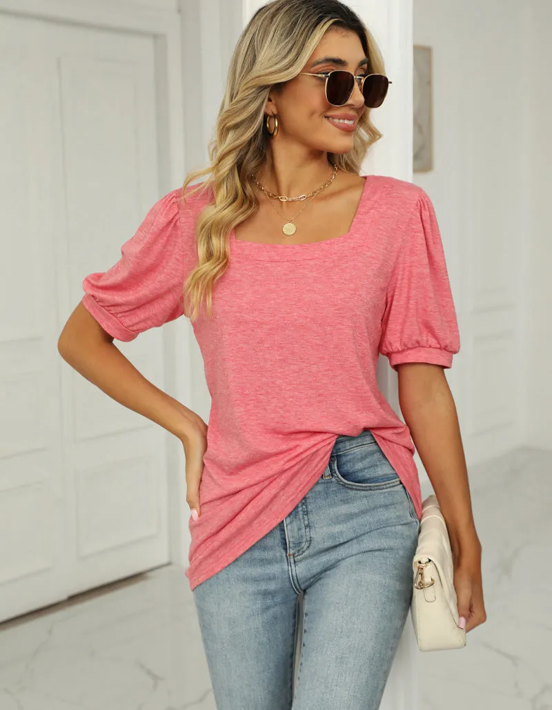 Plain Square Neck Puff Sleeve Pleated T-Shirt
