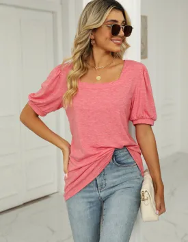 Plain Square Neck Puff Sleeve Pleated T-Shirt
