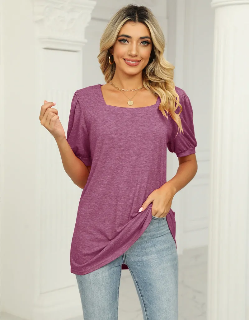 Plain Square Neck Puff Sleeve Pleated T-Shirt
