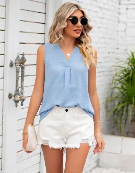 Plain V-neck Loose Chiffon Sleeveless Top