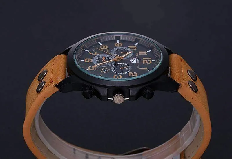Space Black Leather Strap Military Watch