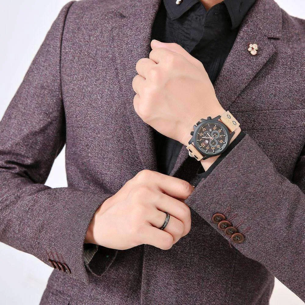 Space Black Leather Strap Military Watch