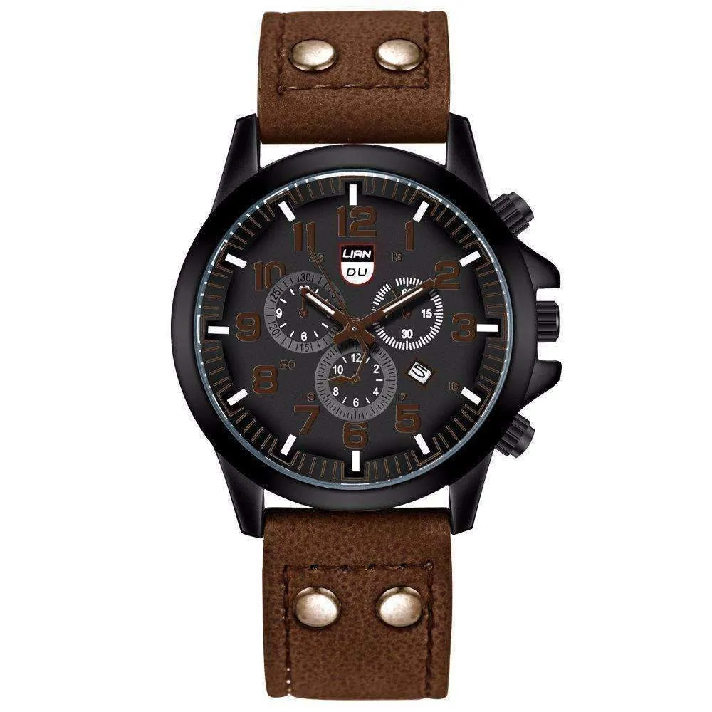Space Black Leather Strap Military Watch
