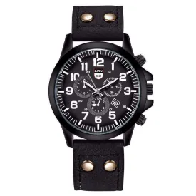 Space Black Leather Strap Military Watch